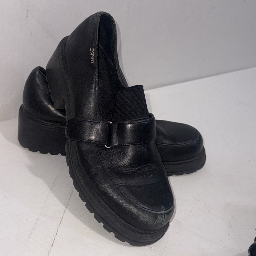 Vintage Esprit Chunky Platform Loafers Black 90s Y2K Goth Dark Grunge Shoes Sz 8